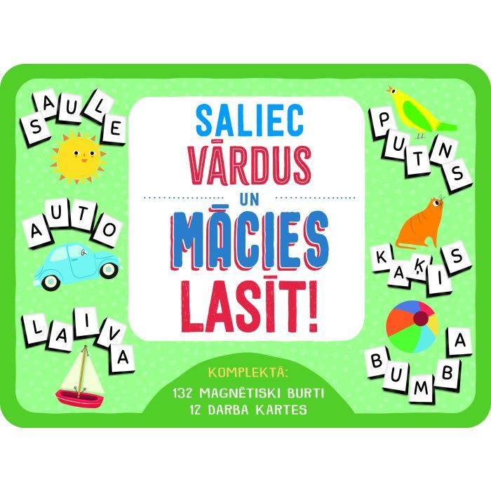 Saliec vārdus un mācies lasīt! Komplektā: 132 magnētiski burti, 12 darba kartītes Saliec vārdus un mācies lasīt! Komplektā: 132 magnētiski burti, 12 darba kartītes